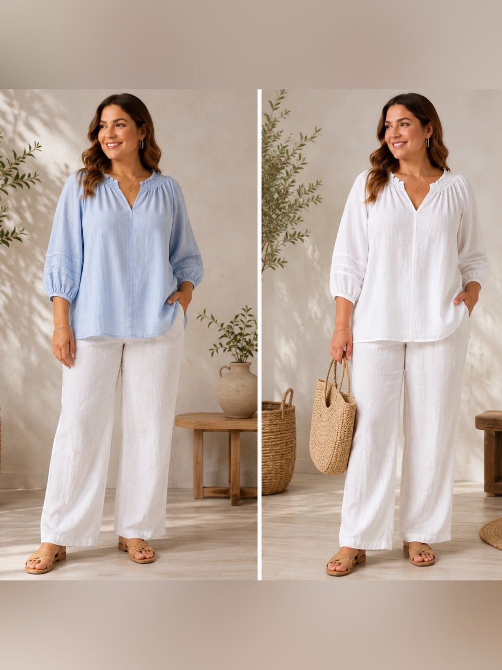 Terra & Sky Pale Blue V-Neck Smocked Yoke Blouse
